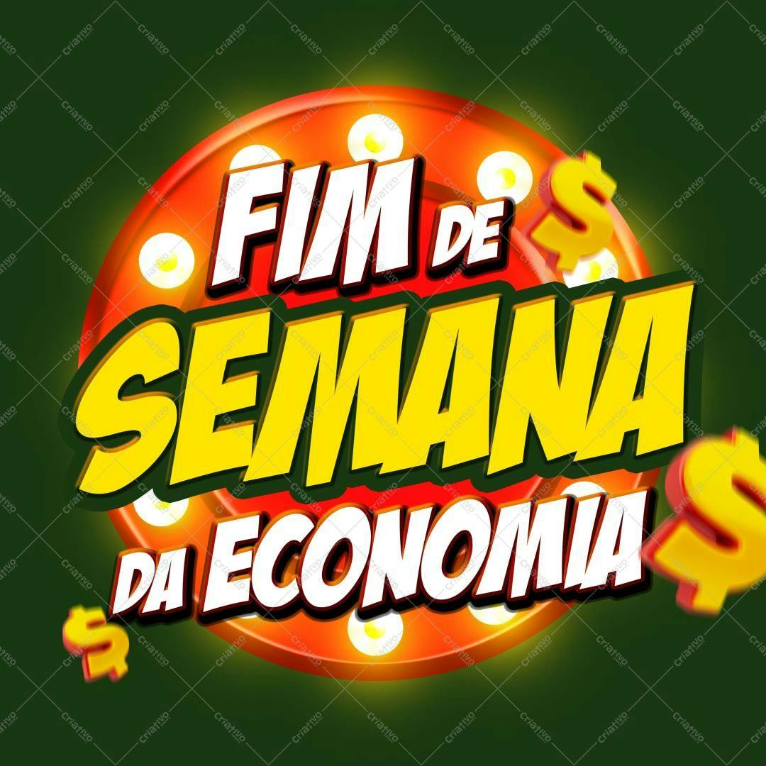Selo 3D promocional Fim de Semana economia amarelo e vermelho