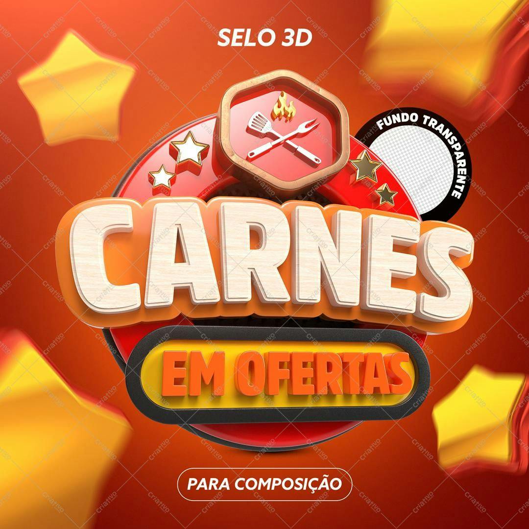 Selo 3D promocional carnes vermelho e amarelo