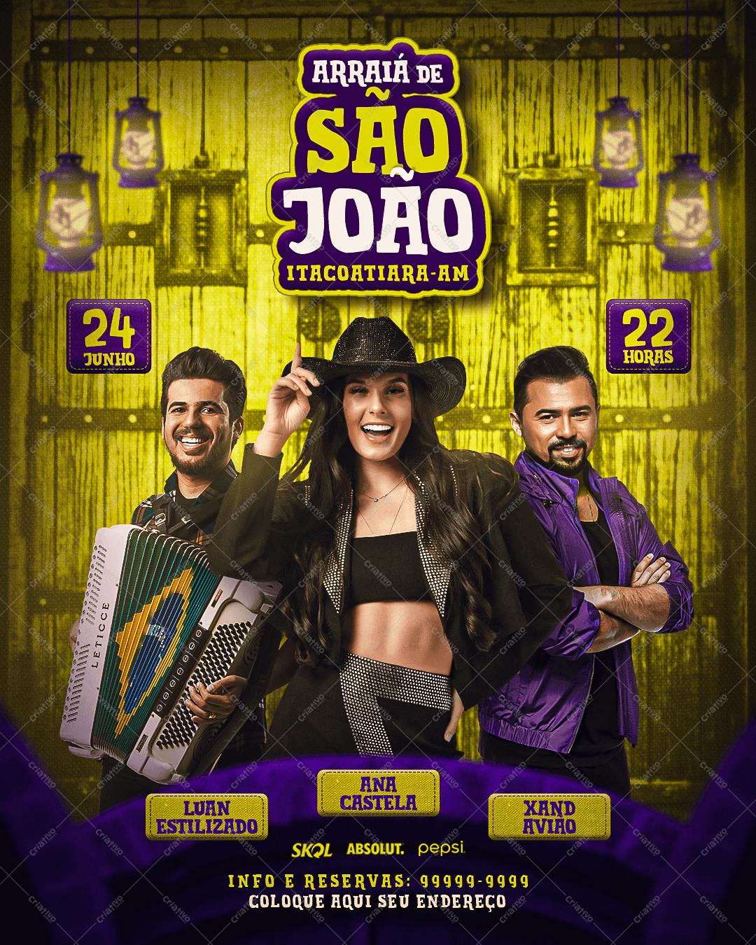 Flyer Festa Junina com Luan Estilizado, Ana Castela e Xand Avião PSD Editável