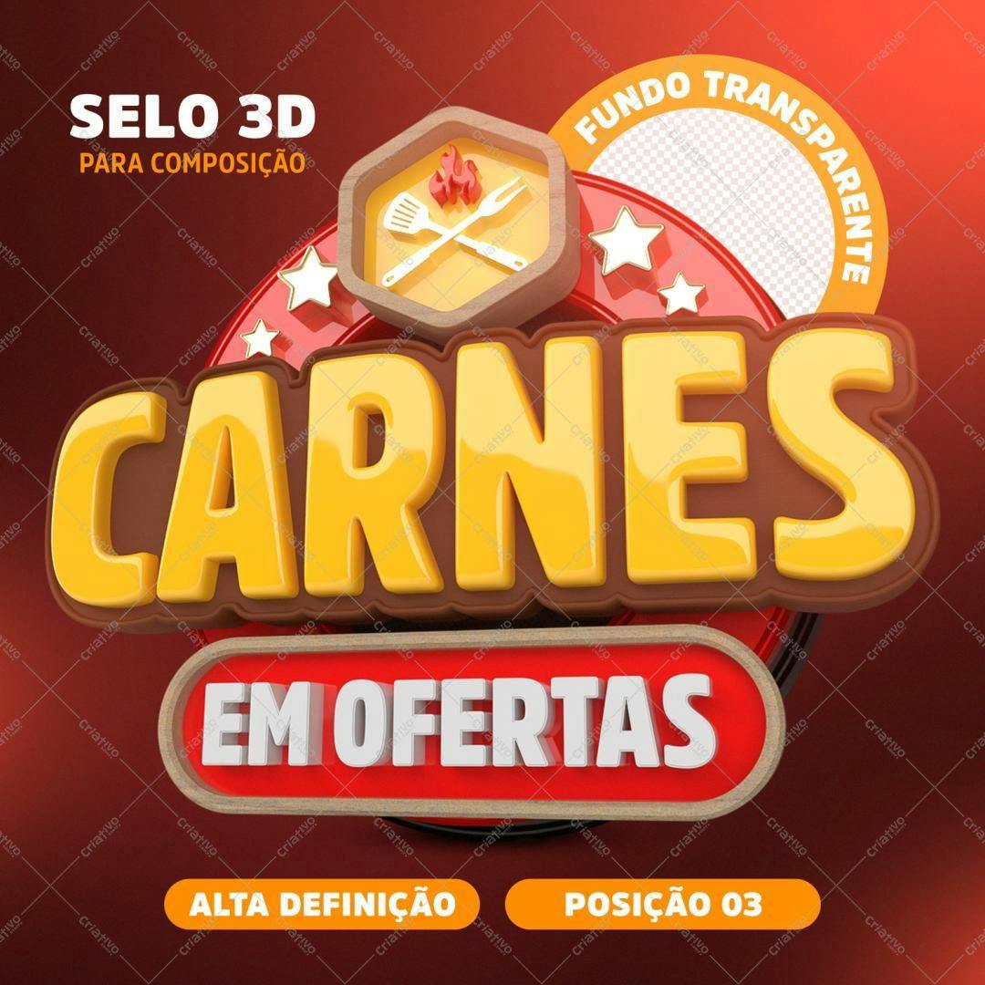 Selo 3D promocional carnes amarelo e marrom