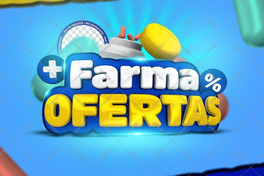 Selo 3D promocional Farma Ofertas azul e amarelo