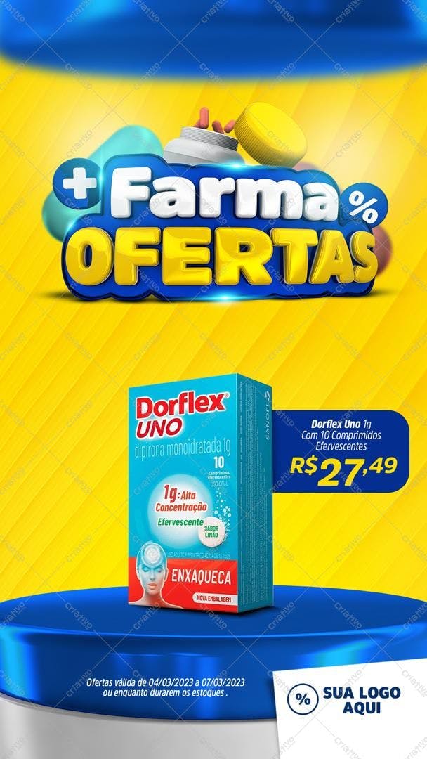 Selo 3D promocional azul e amarelo para farmácias