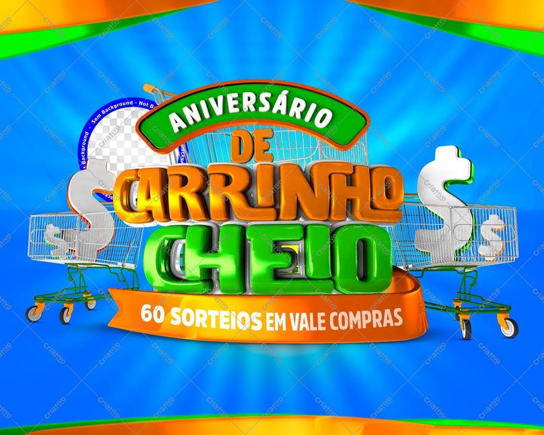 Selo 3D promocional carrinho de compras verde e laranja