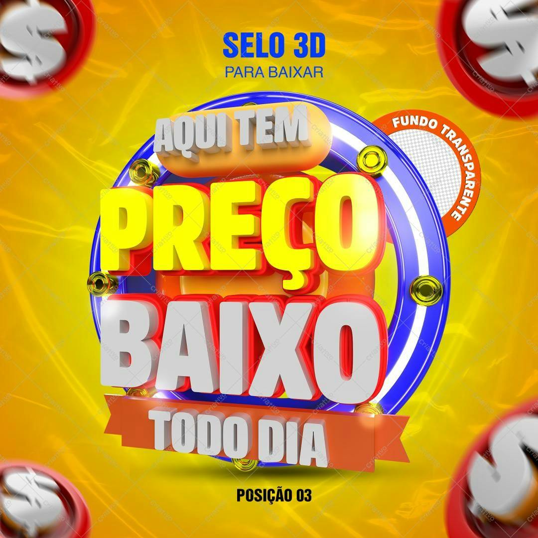 Selo 3D promocional preço baixo amarelo e azul
