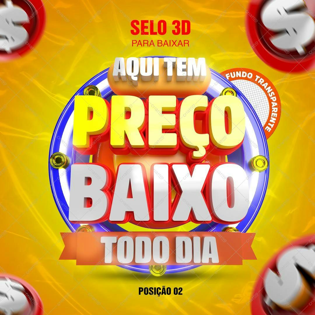 Selo 3D promocional preço baixo amarelo e azul