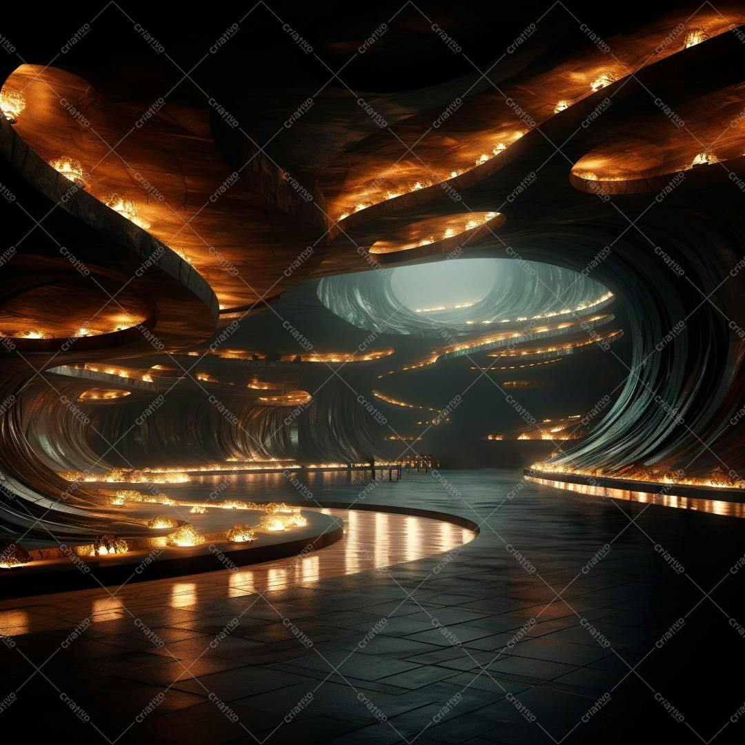 Ambiente futurista subterrâneo com iluminação laranja