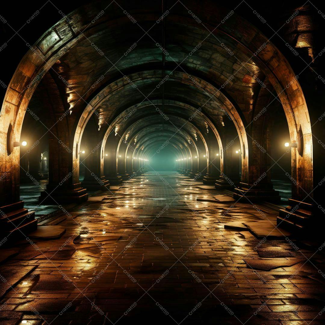 Galeria subterrânea úmida com iluminação amarela