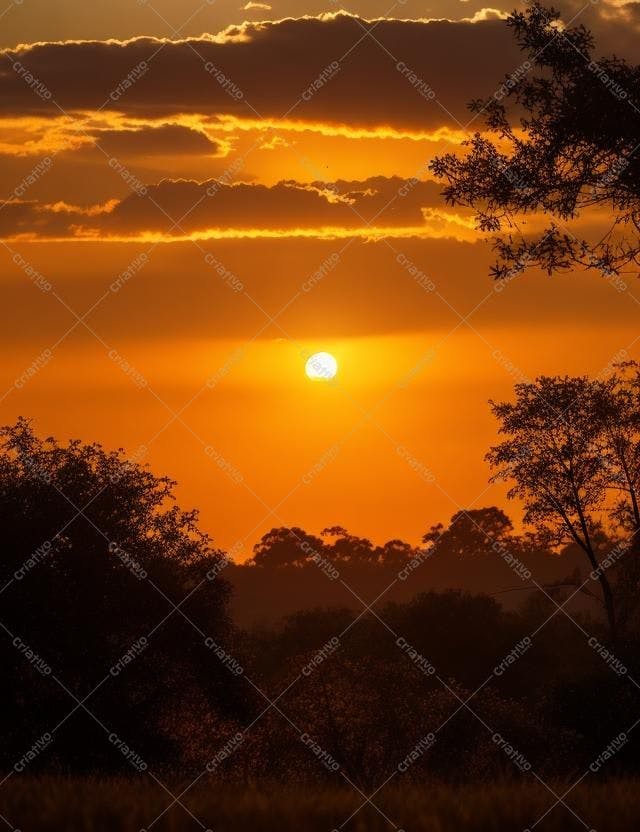Pôr do sol laranja sobre árvores silhuetas