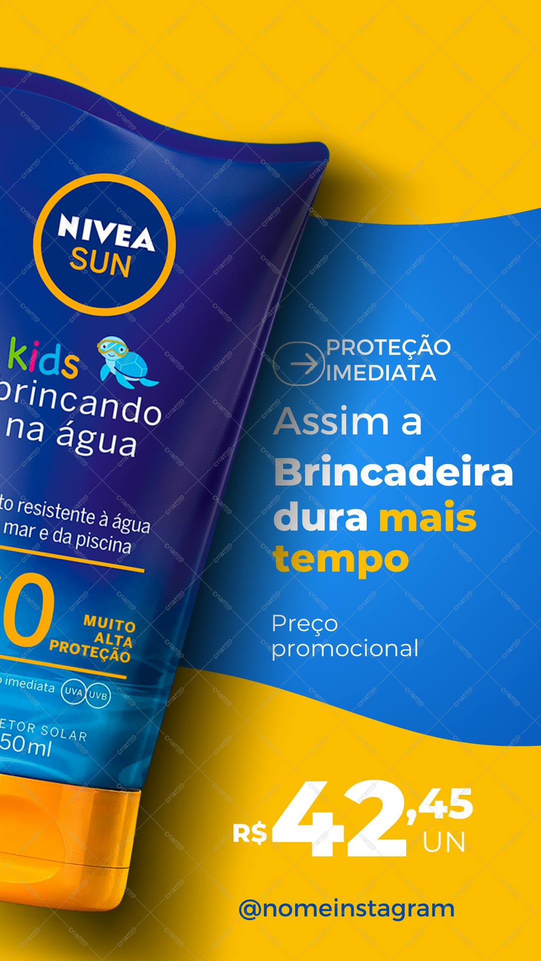 Post Instagram Protetor Solar Nivea Kids Azul e Amarelo Editável no Canva