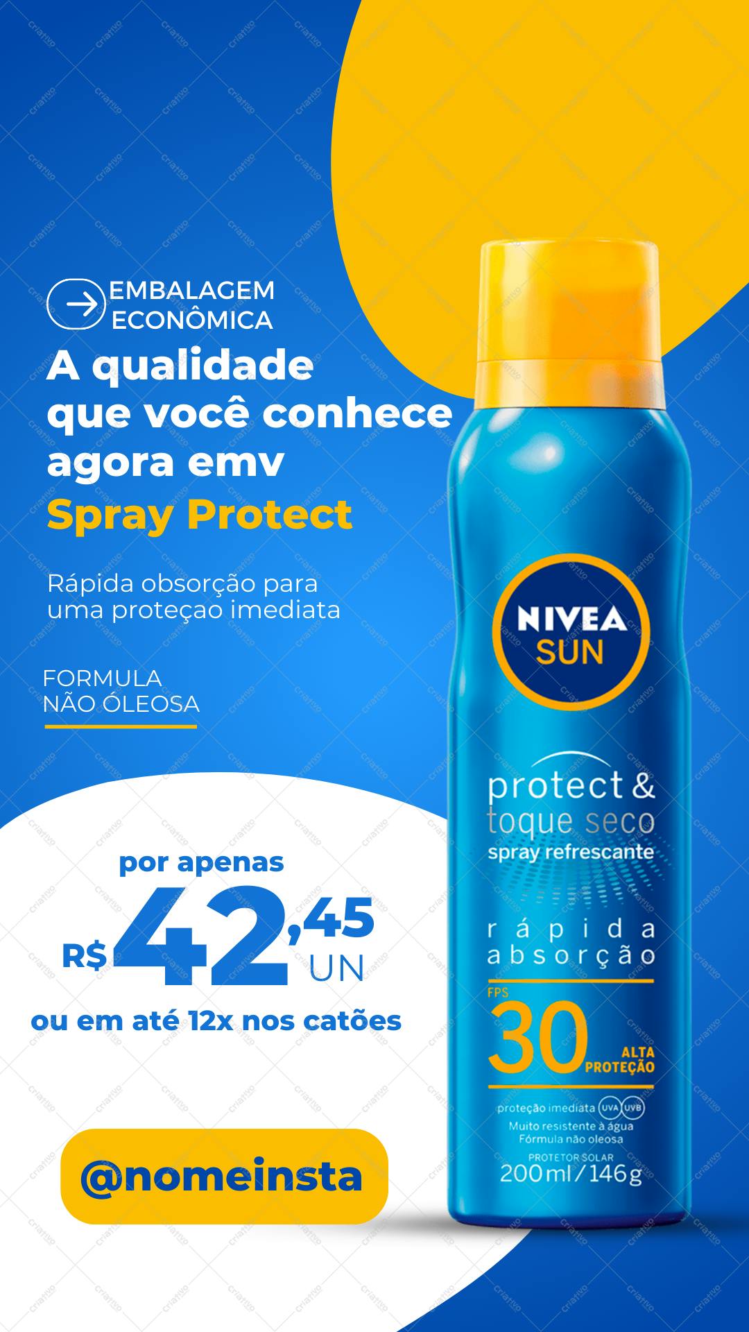 Post Instagram NIVEA SUN FPS 30 azul e amarelo Editável no Canva