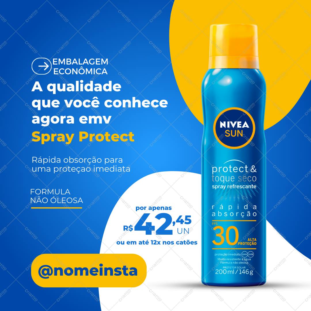 Post Instagram Protetor Solar NIVEA Sun azul e amarelo Editável no Canva
