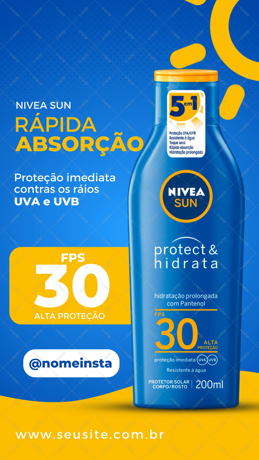 Template de Post Instagram Verão Nivea Sun FPS 30 Azul e Amarelo Editável no Canva