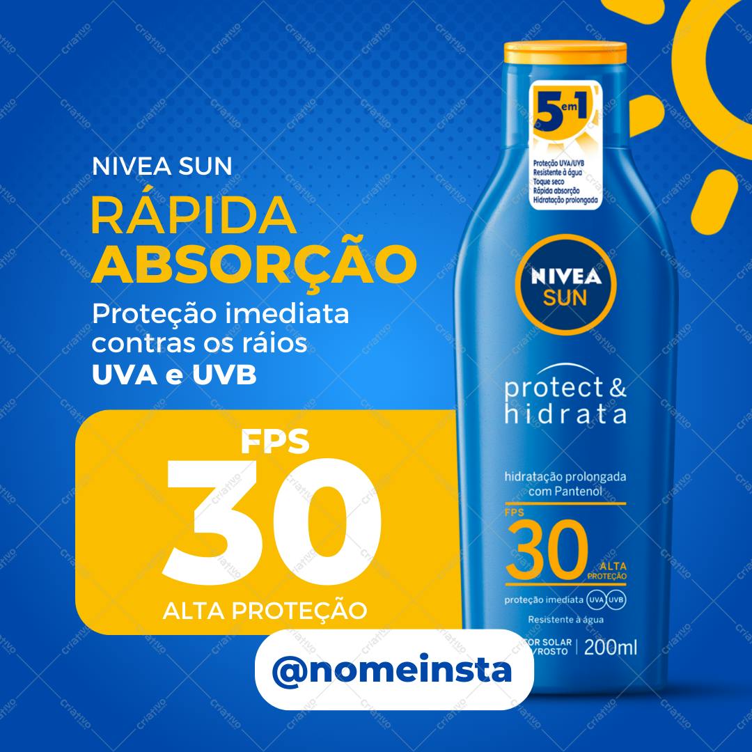 Post Instagram Protetor Solar Nivea FPS 30 azul e amarelo Editável no Canva