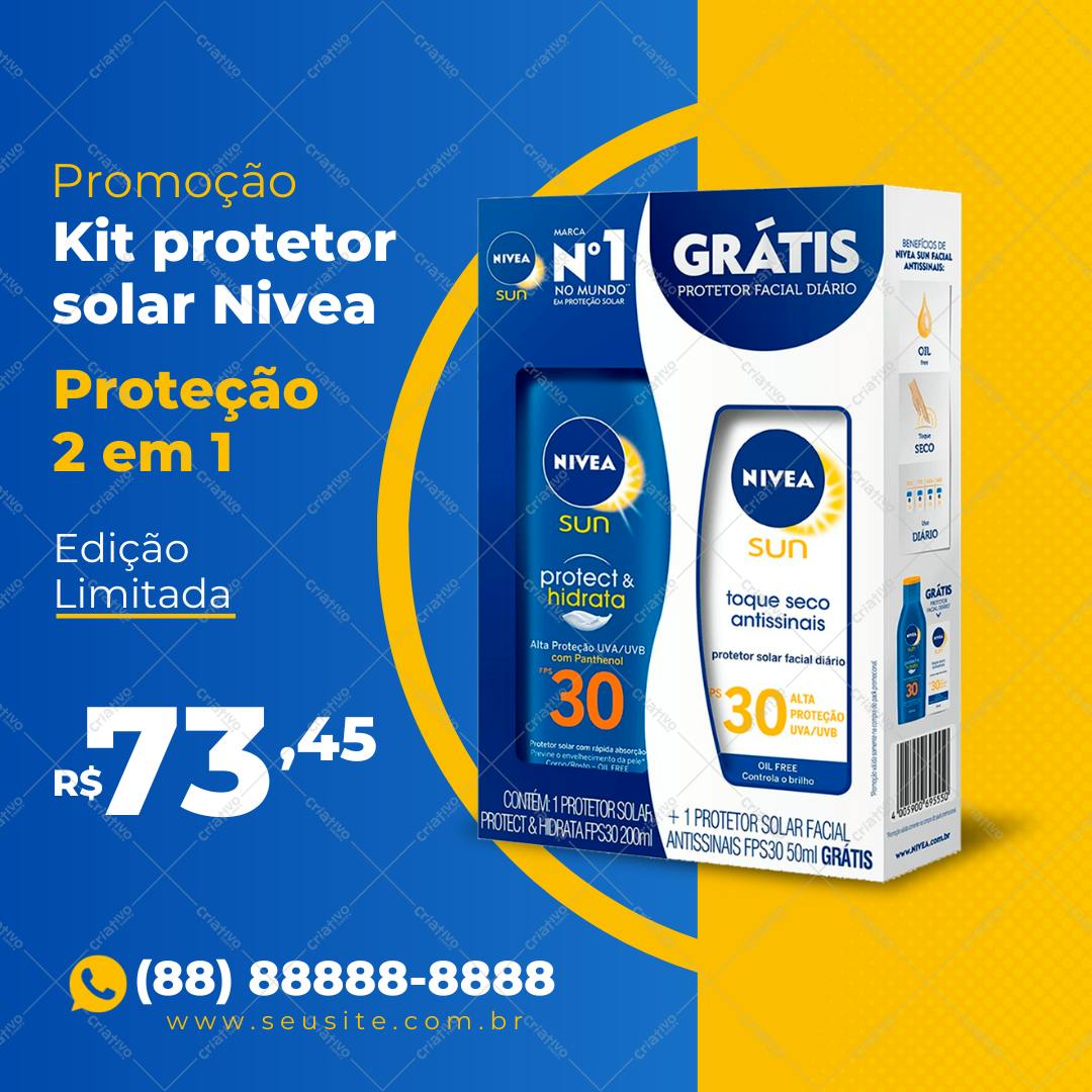 Template de Post Instagram Promoção Kit Nivea Protetor Solar Editável no Canva