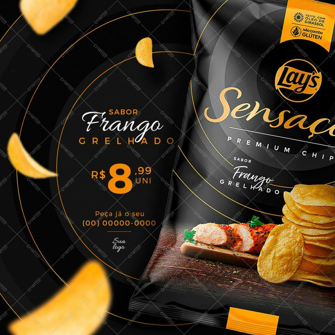 Modelo de Embalagem para Batata Chips Sabor Frango Grelhado PSD Editável