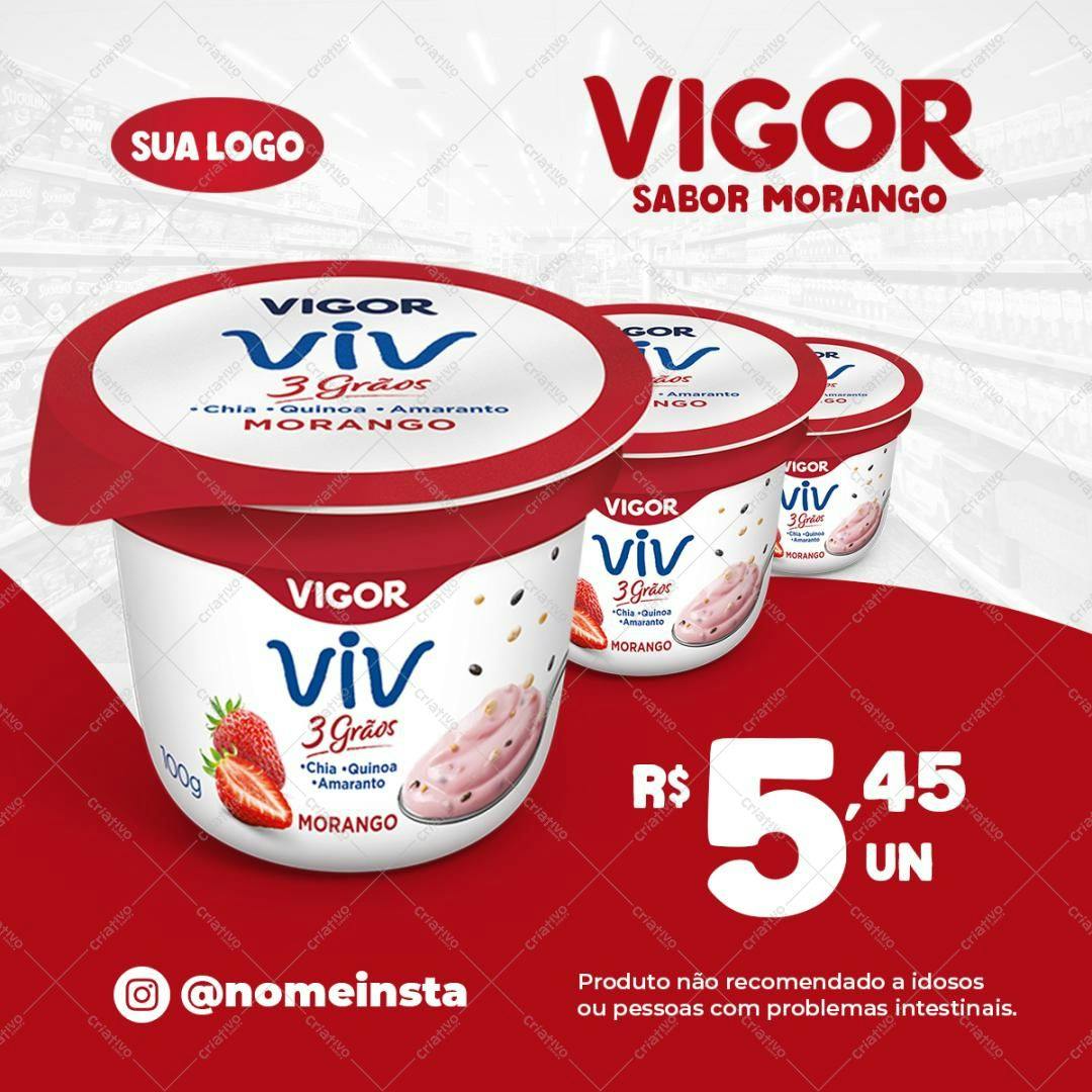 Modelo de Embalagem para Iogurte Vigor Sabor Morango PSD Editável