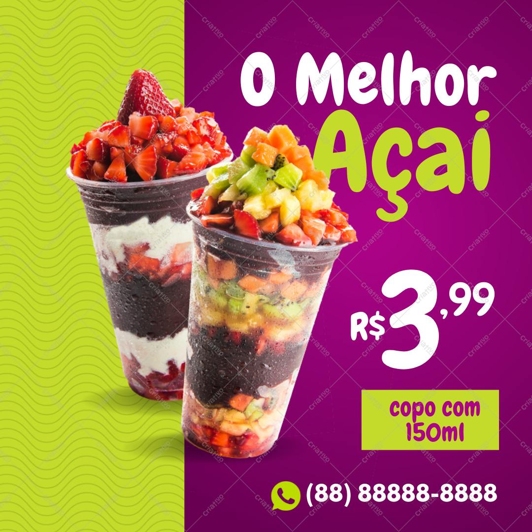 Post Instagram Açaí com frutas coloridas Editável no Canva