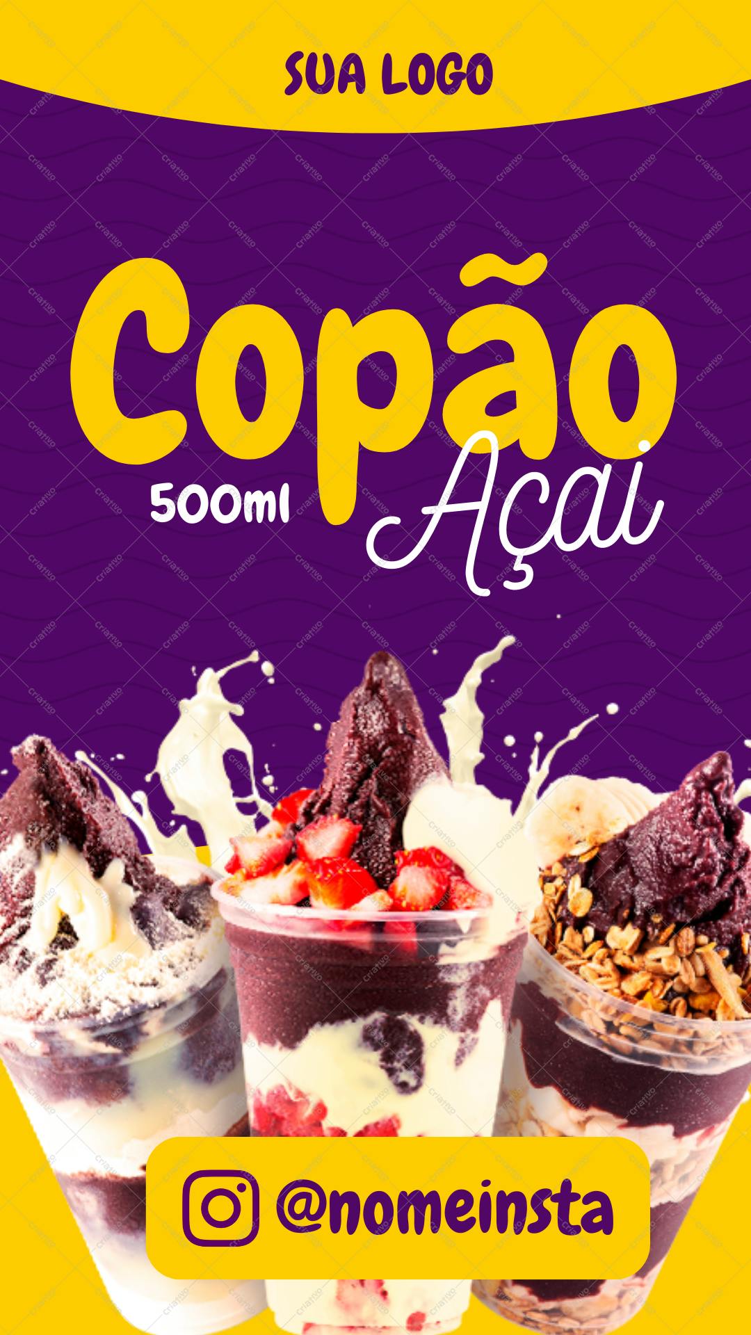 Post Instagram Açaí 500ml cores vibrantes Editável no Canva