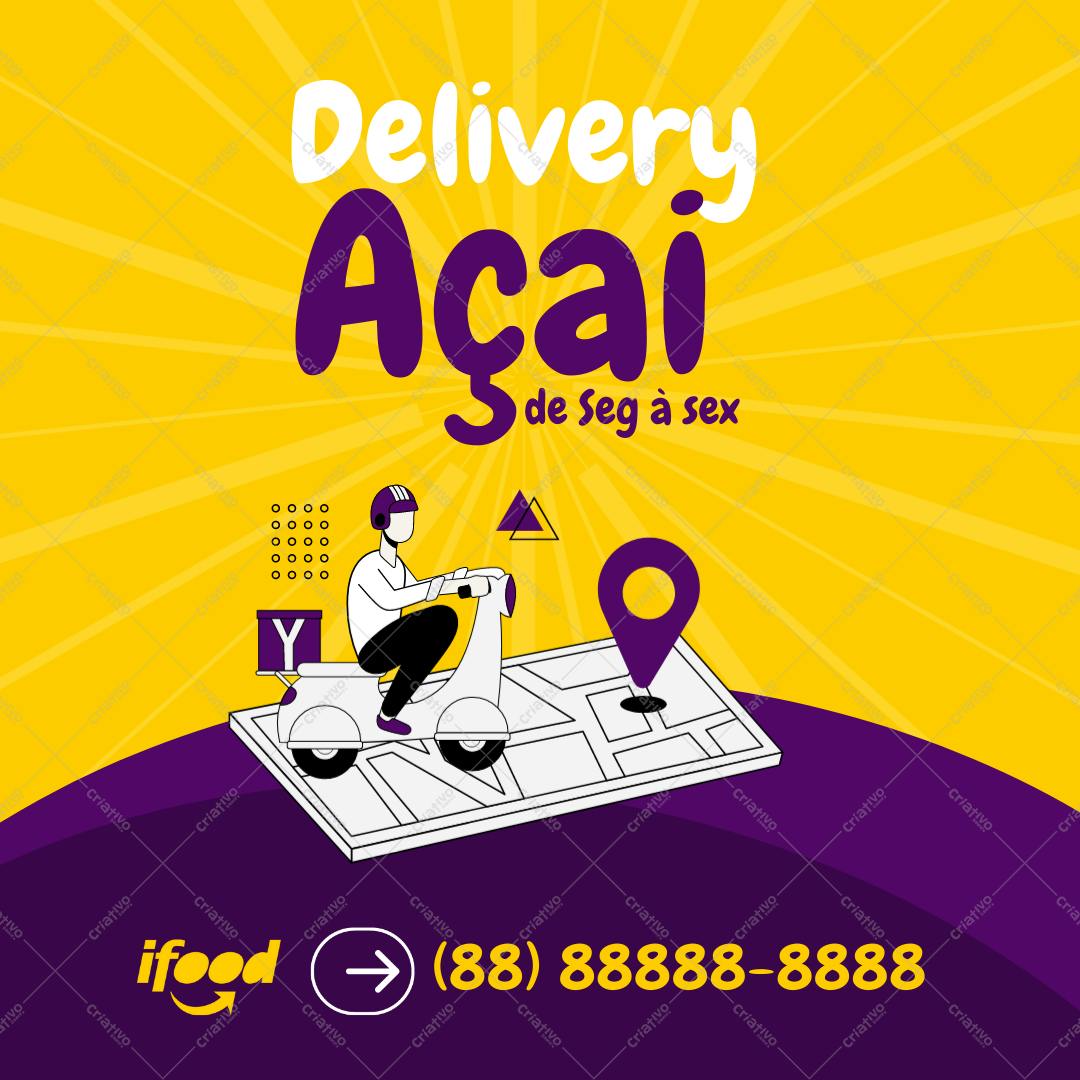 Post Instagram Açaí Delivery amarelo e roxo Editável no Canva