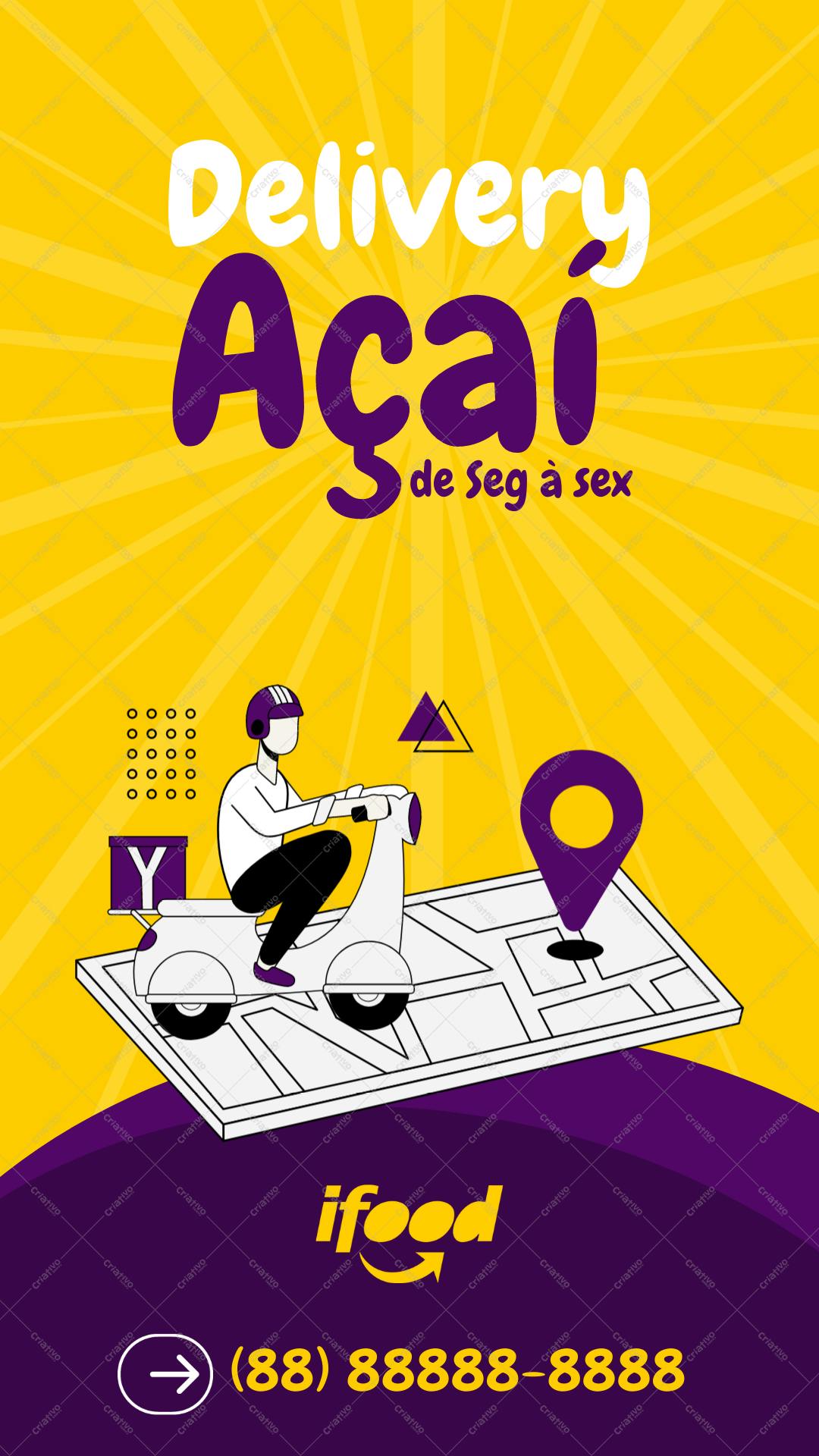 Template de Flyer Delivery Açaí Amarelo e Roxo Editável no Canva