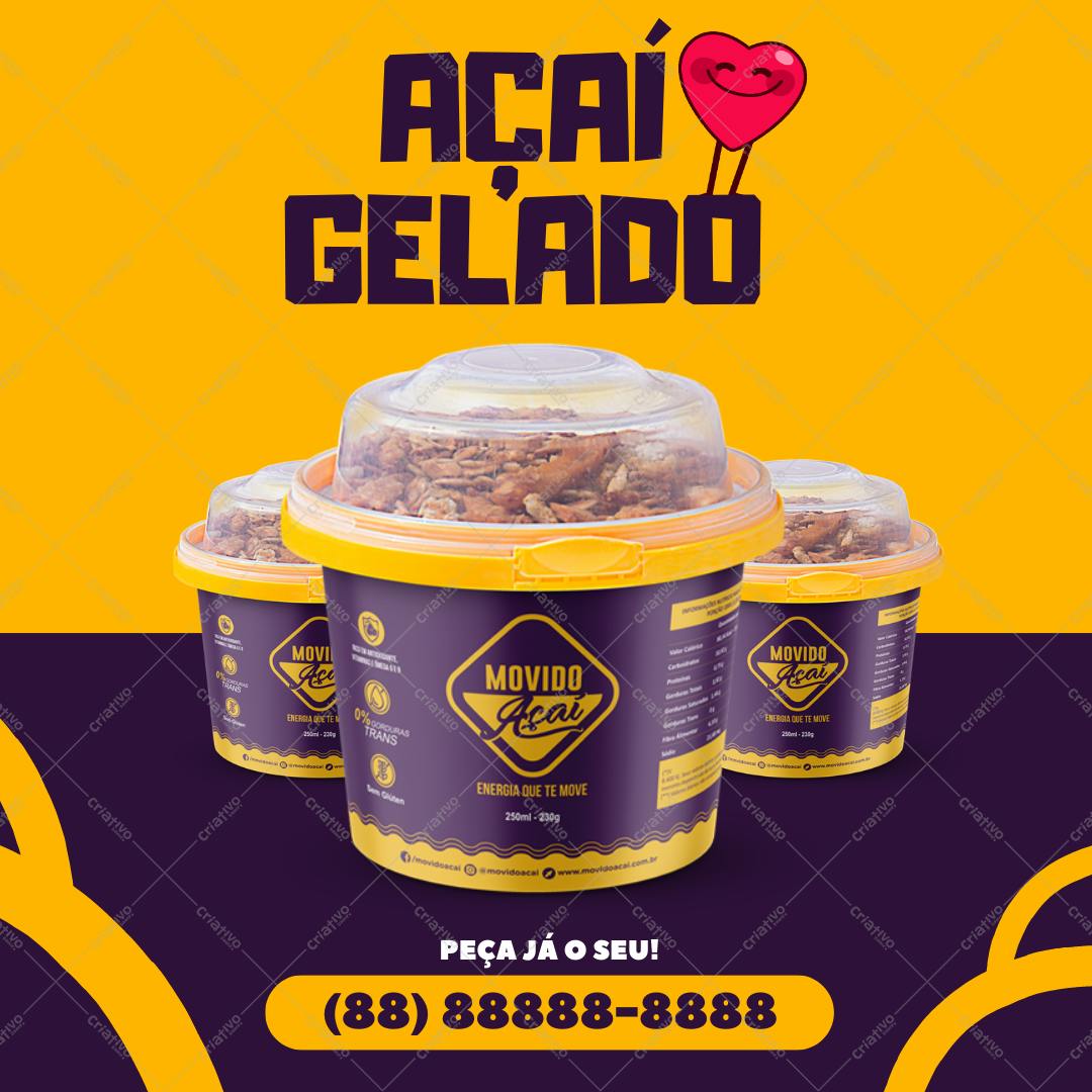 Post Instagram Açaí Gelado em Pote Roxo e Amarelo Editável no Canva