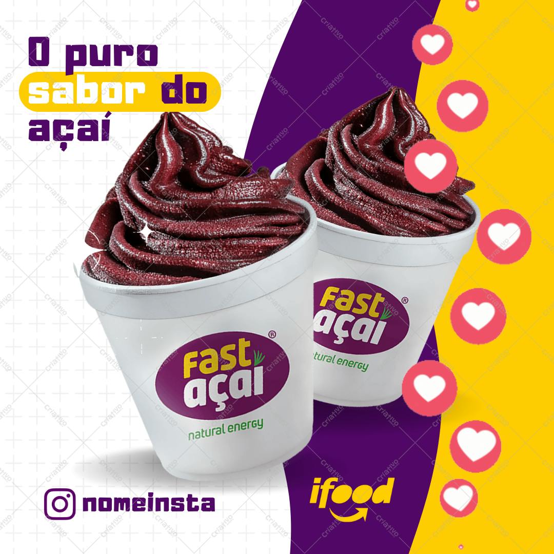 Post Instagram Açaí roxinho com corações Editável no Canva