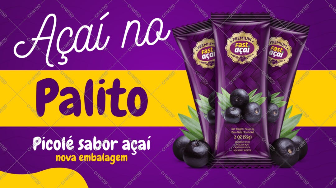 Template de Banner Açai no Palito com Embalagem Moderna Editável no Canva