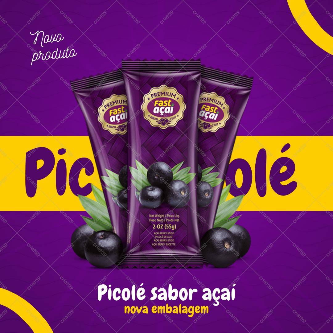 Template de Embalagem Picolé sabor Açaí roxa e amarela Editável no Canva