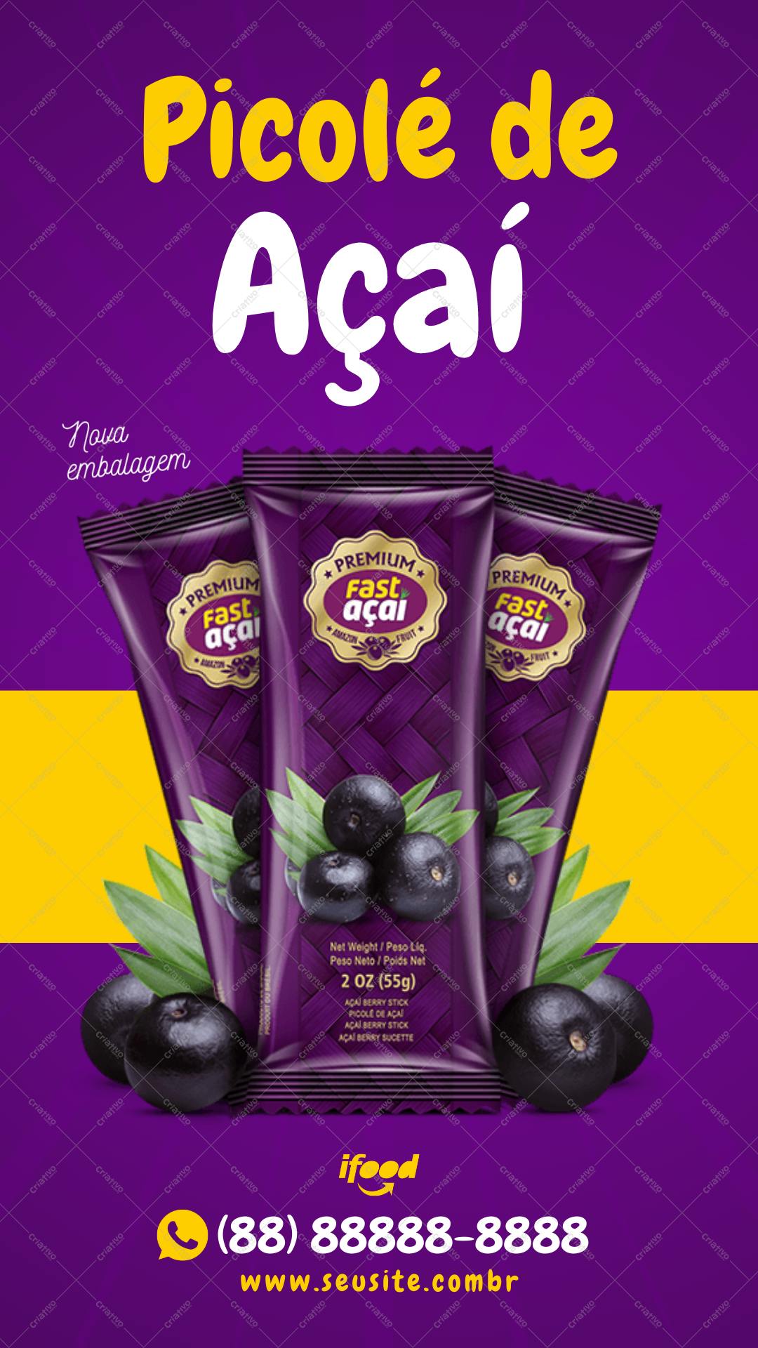 Template de Banner Picolé de Açaí com Embalagem Nova Editável no Canva
