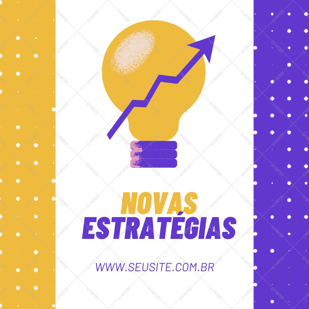 Post Instagram Novas estratégias amarelo e roxo Editável no Canva