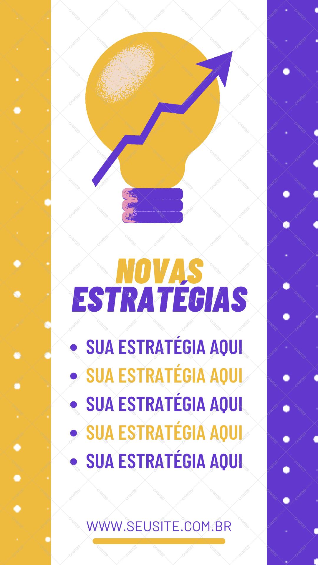Template de apresentação Novas Estratégias amarelo e roxo Editável no Canva