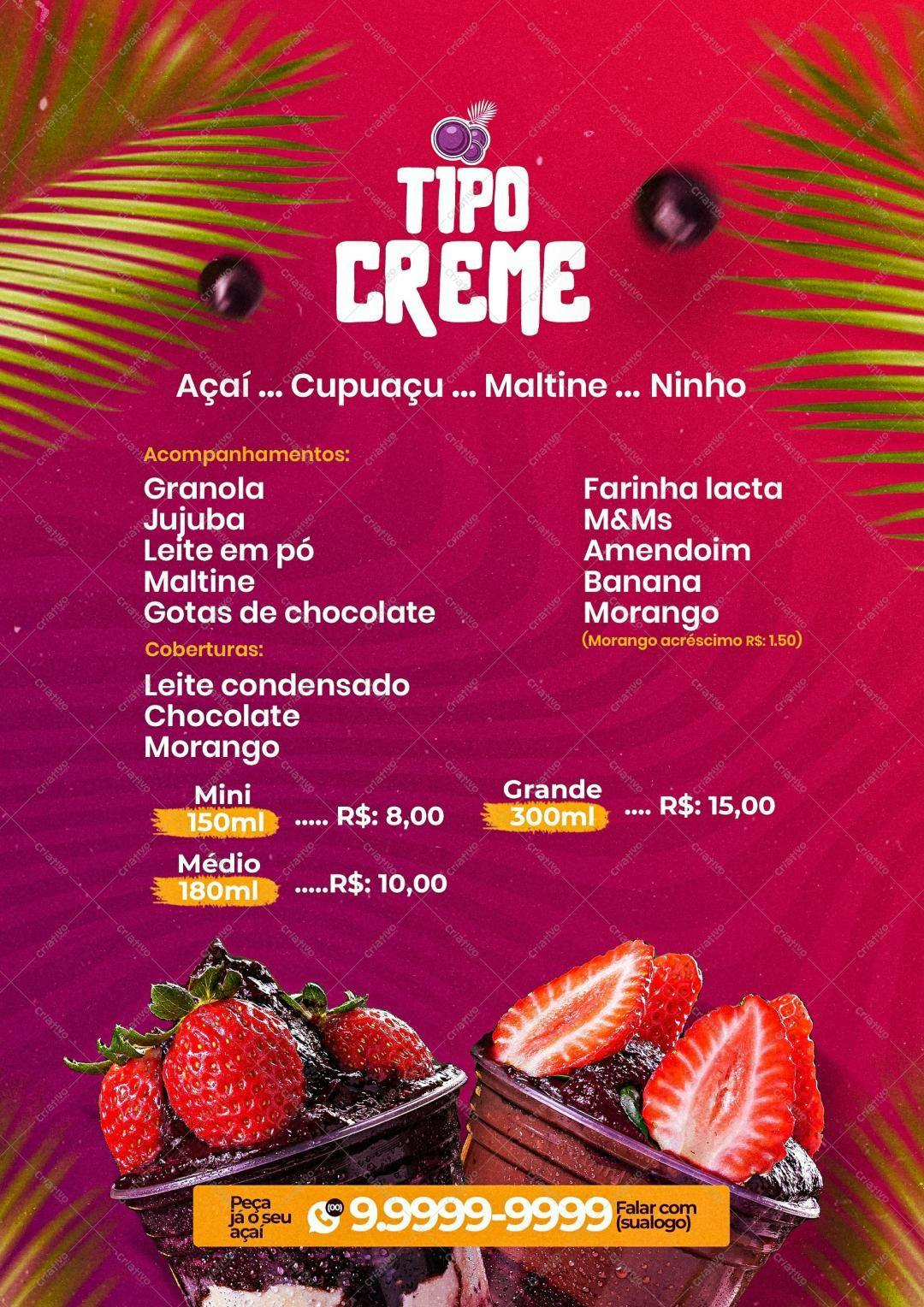 Cardápio Açaí Tipo Creme PSD Editável