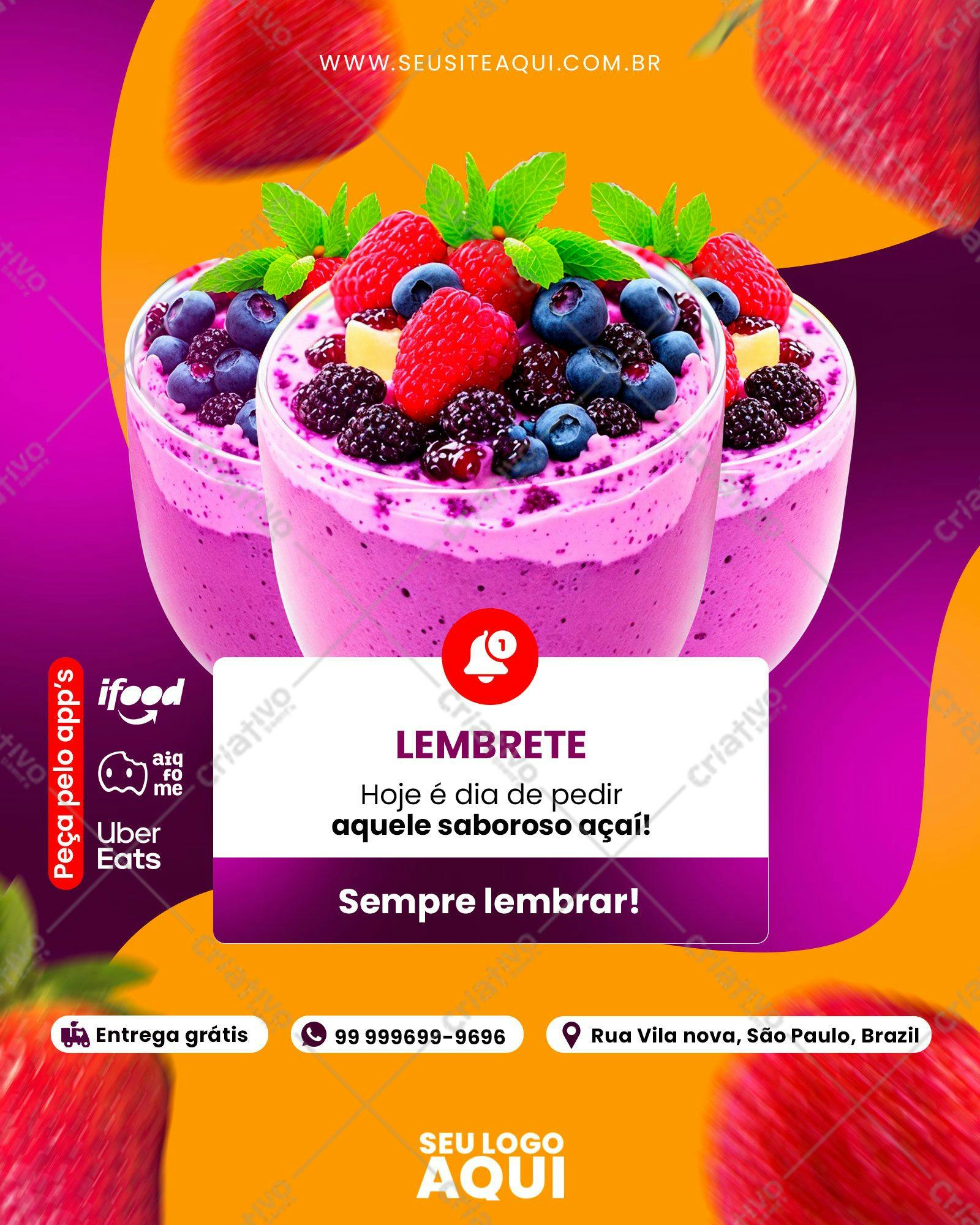 Post para Redes Sociais Açaí com Frutas PSD Editável