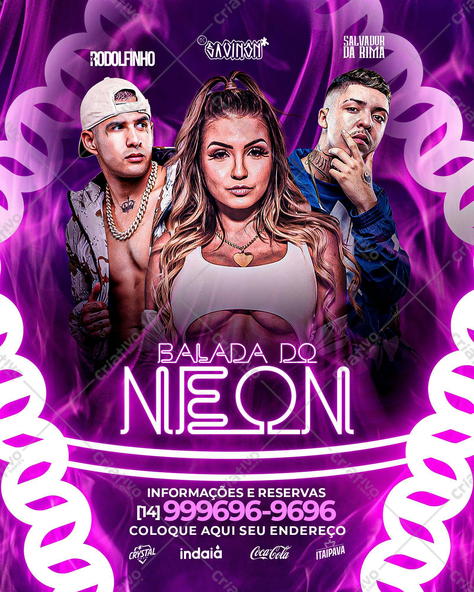 Flyer para Festa Neon com MC Rodolfinho, MC Kevin e Salvador da Rima PSD Editável