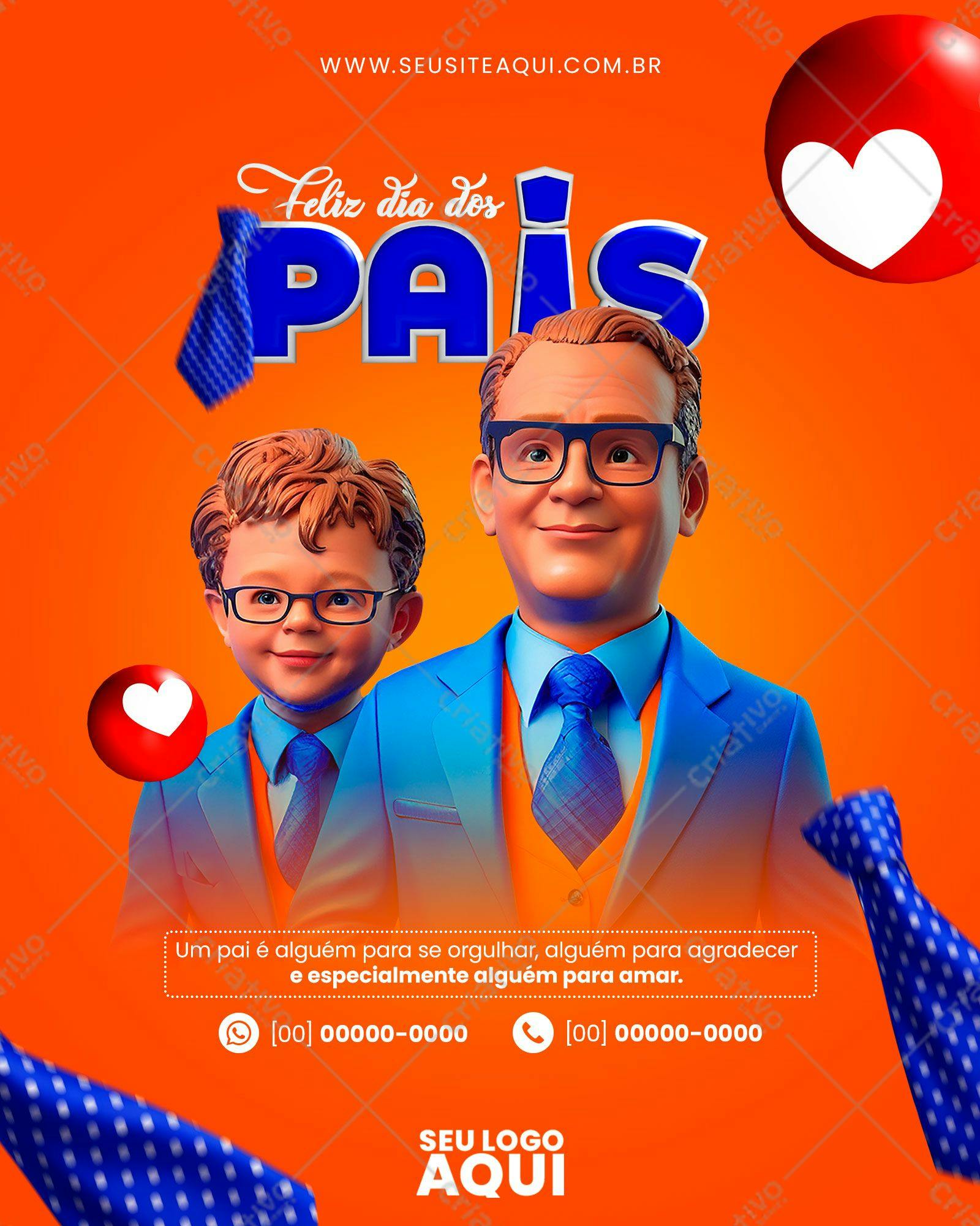 Banner Dia dos Pais com Pais e Filho em 3D PSD Editável