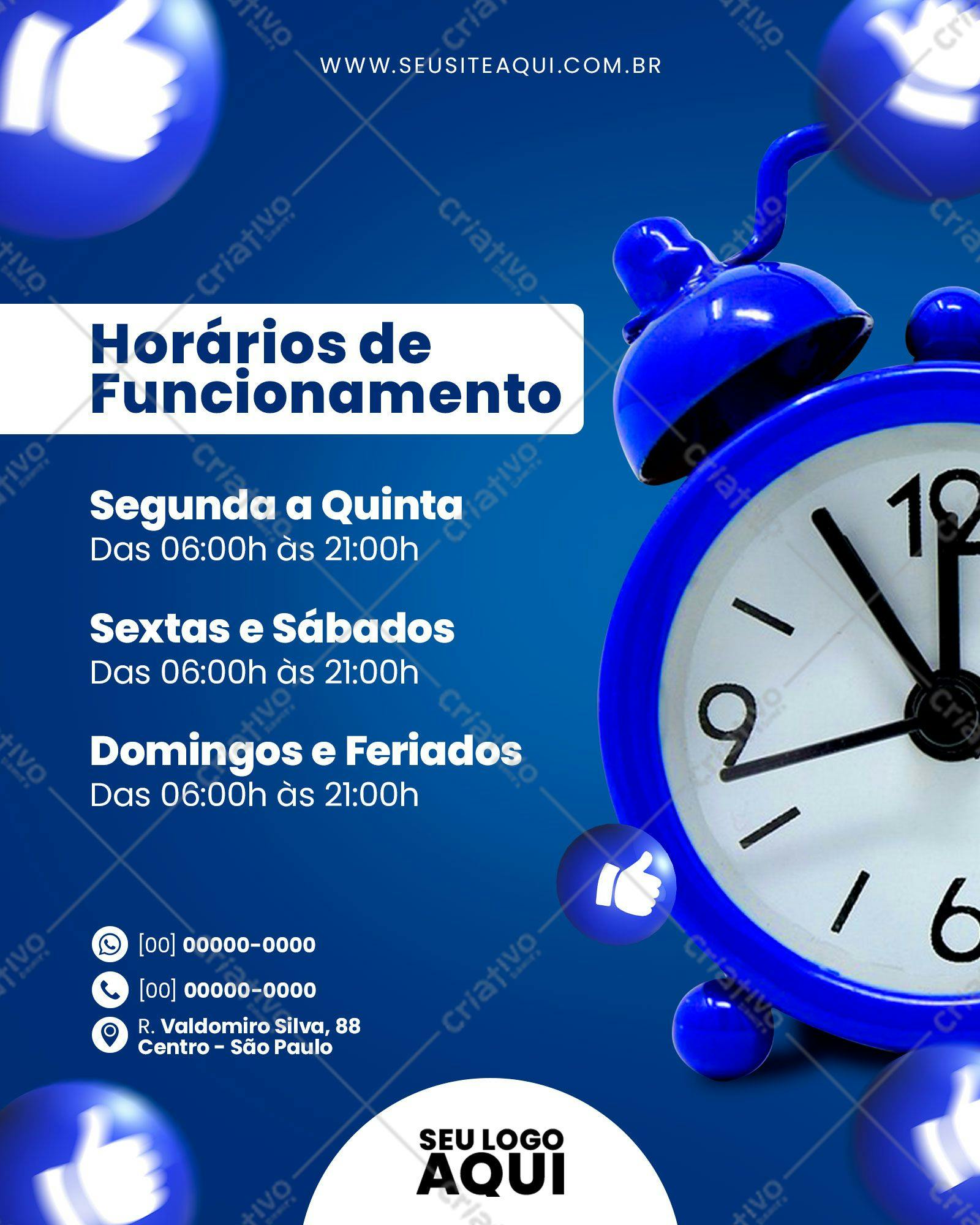 Post para Redes Sociais Horários de Funcionamento PSD Editável