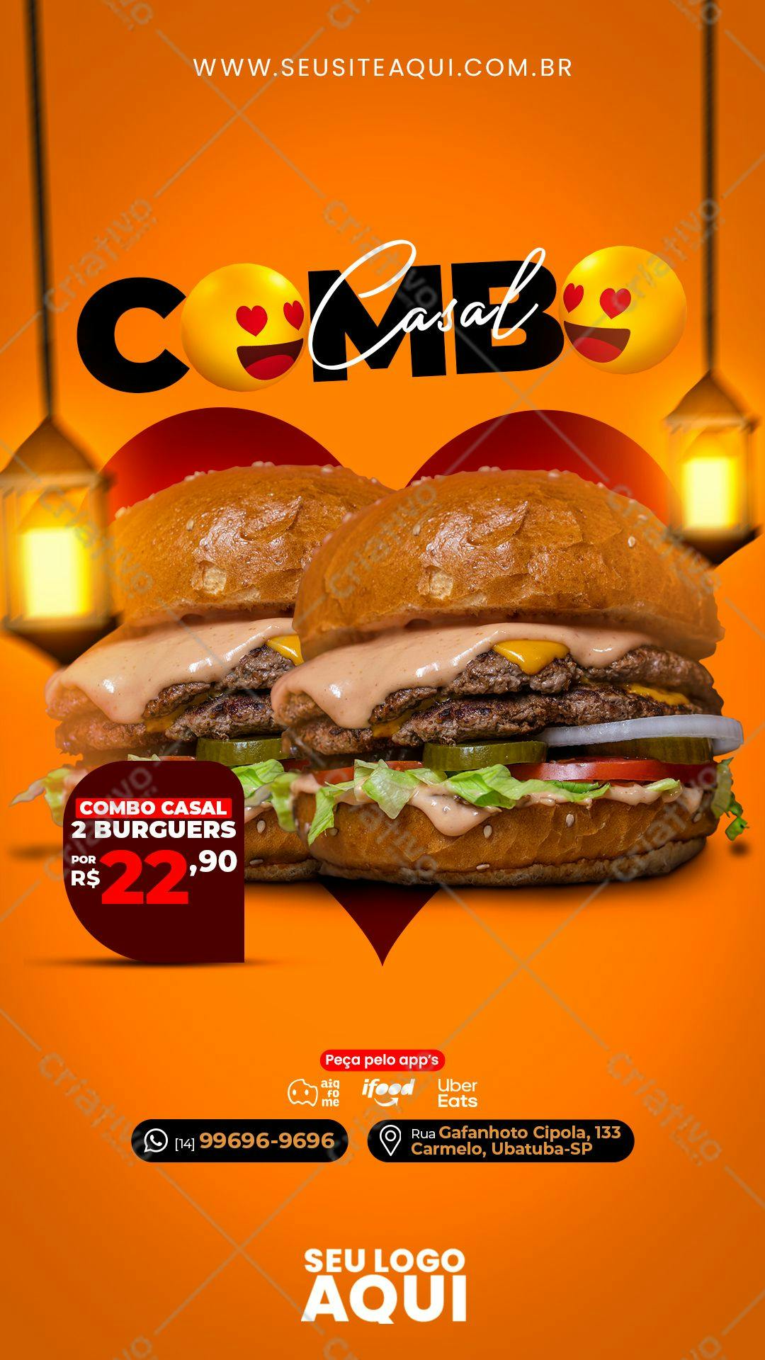 Cardápio Dia dos Namorados Combo Casal 2 Burgers PSD Editável