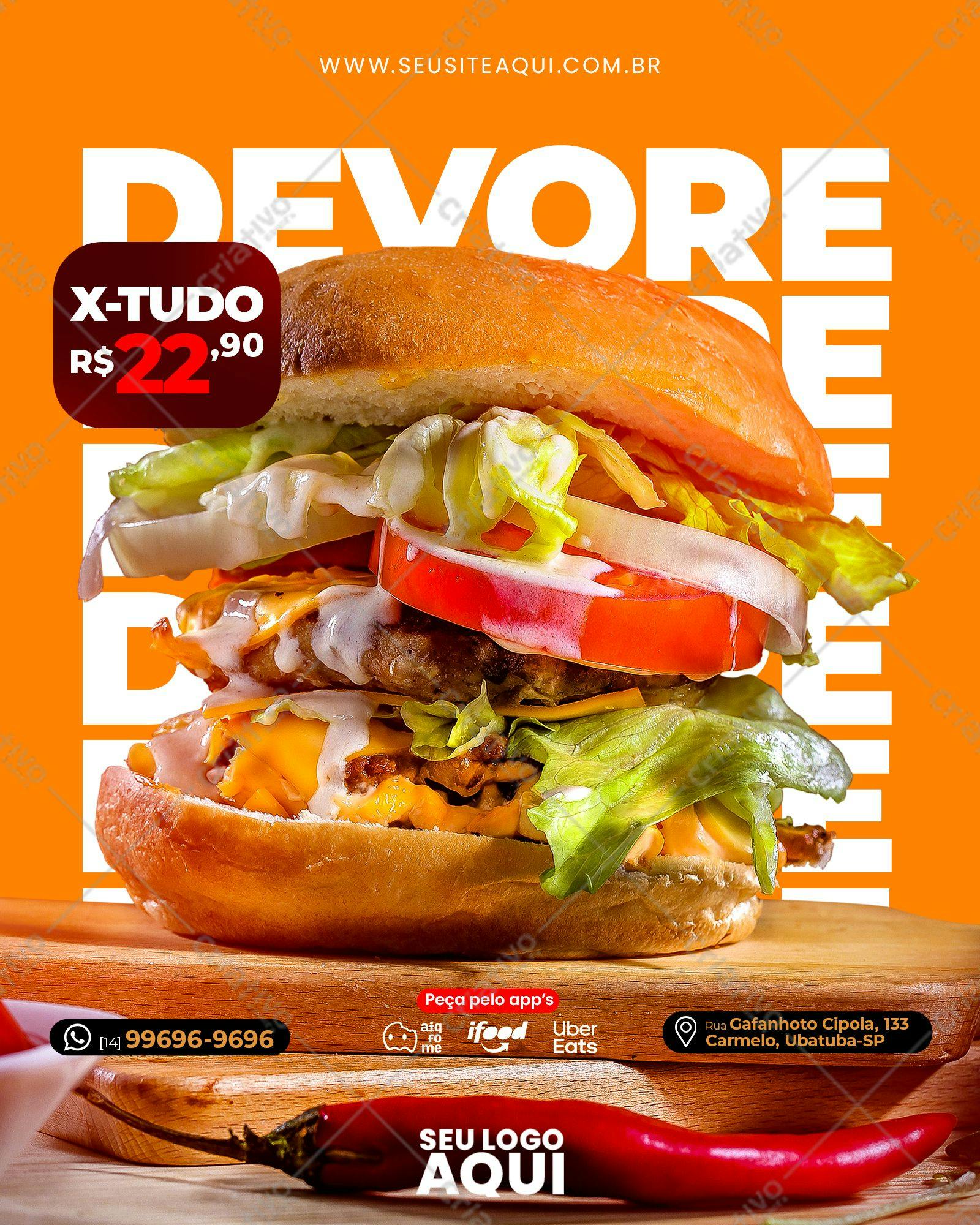 Modelo de Flyer para Lançamento de Hambúrguer X-Tudo PSD Editável