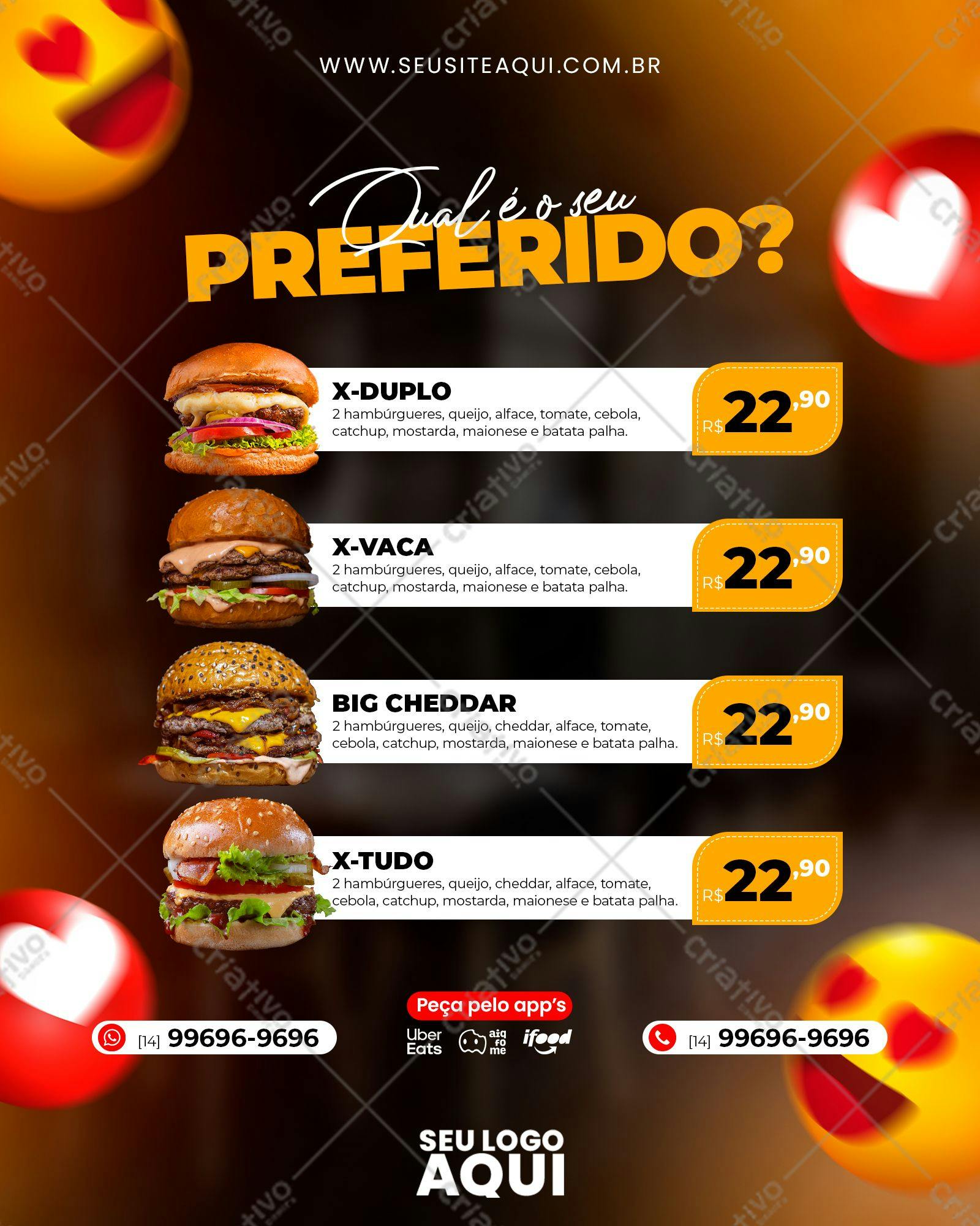 Cardápio de Hambúrgueres Deliciosos PSD Editável