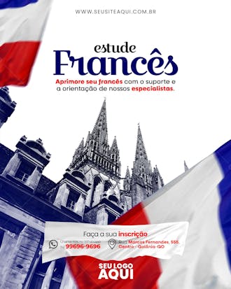 Feed aulas de francês | escola de idiomas | psd editável