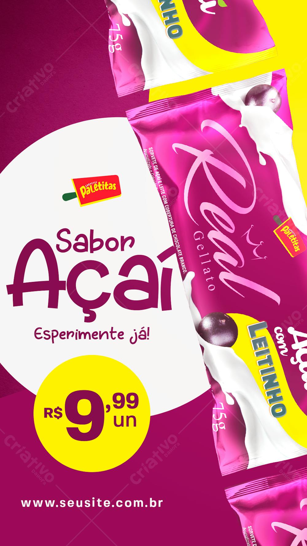 Stories Picolé Sabor Açaí Social Media Sorveteria Psd Editável