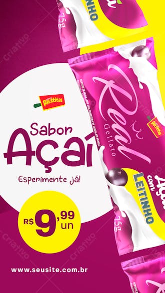 Stories picolé sabor açaí social media sorveteria psd editável