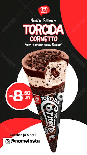 Stories sorvete cornetto torcida kibon social media sorveteria psd editável