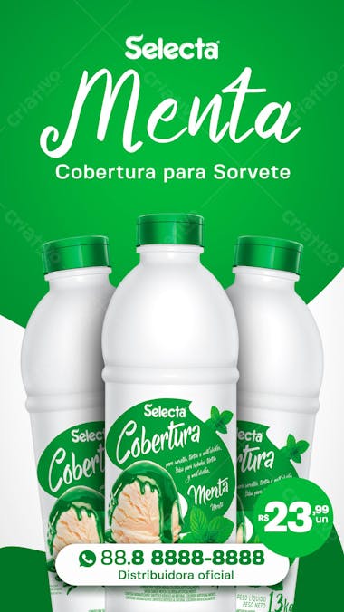 Story cobertura para sorvete selecta sabor menta sorveteria social media psd editável