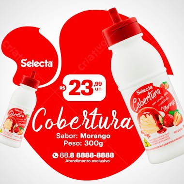 Cobertura para sorvete selecta sabor morango sorveteria social media psd editável