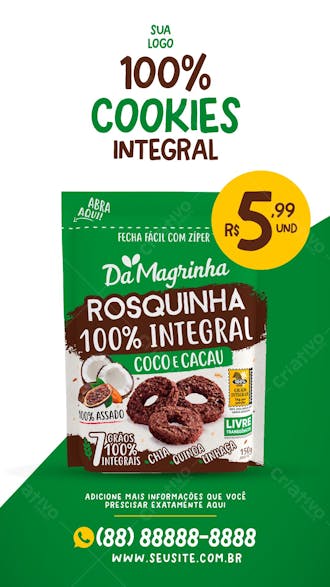 Story cookies 100% integral supermercados social media psd editável