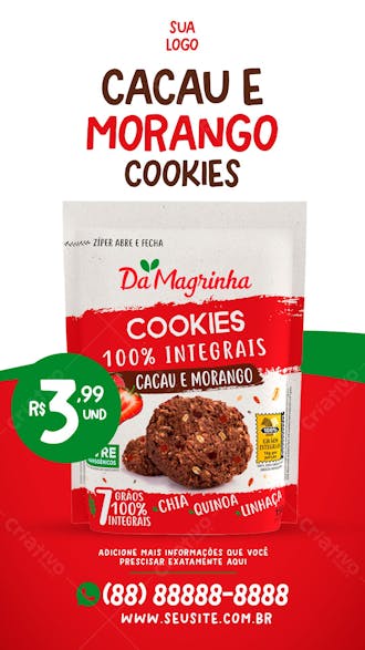 Story cookies cacau e morango 100% integral supermercados social media psd editável