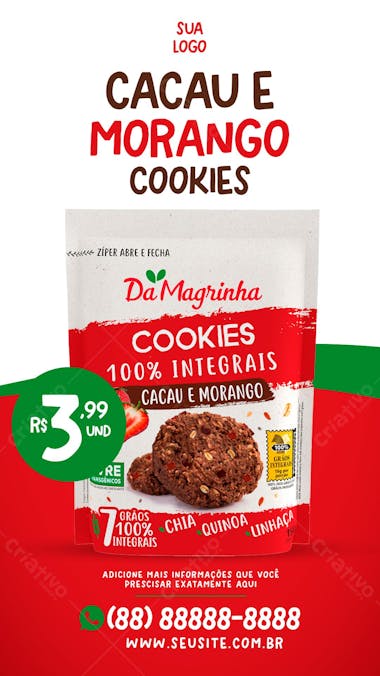 Story cookies cacau e morango 100% integral supermercados social media psd editável