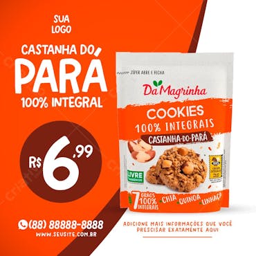 Cookies castanha do pará 100% integral supermercados social media psd editável