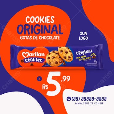 Cookies original com gotas de chocolate supermercados social media psd editável